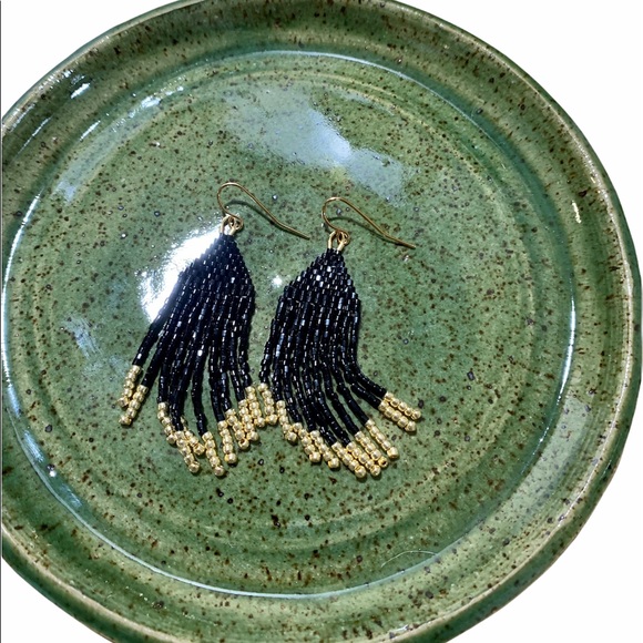 Black and Gold Bead Fringe Earrings - Picture 2 of 3